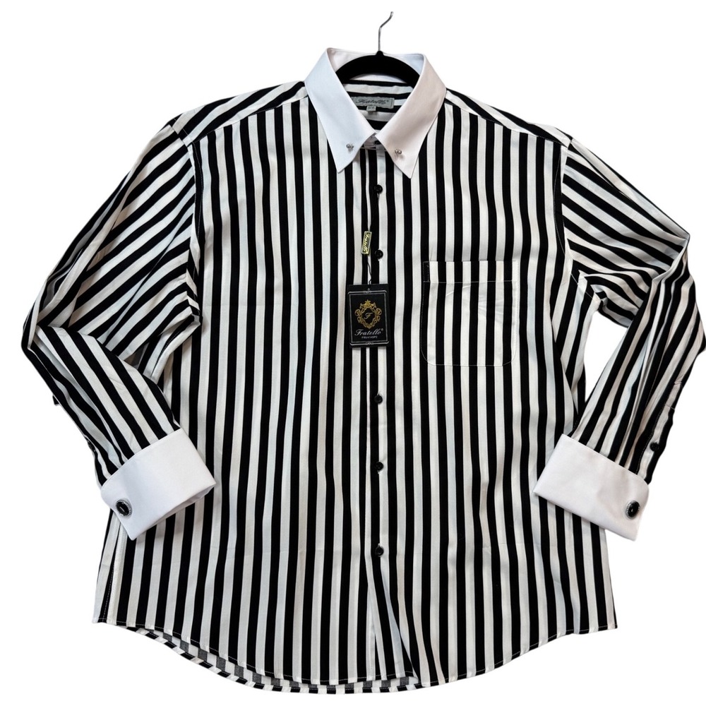 Fratello Dress Shirt Men 17.5 34-35 White Black New Striped French Cuf FRV4145P2